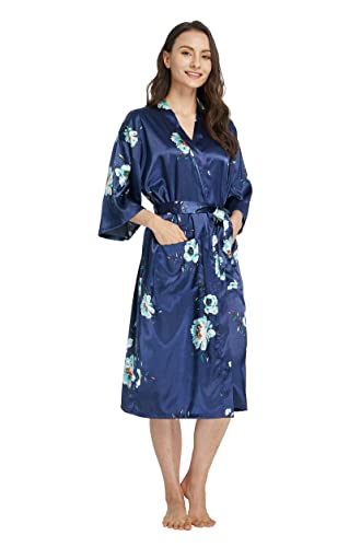 Westkun Kimono Japones Mujer Albornoz Vestido de Satén Novia Suave Cómodo Sedoso y Agradable Pijamas Largo Sexy Elegante de Seda Bata Camisón Robe Lencería Cardigan(Flores Marinas,3XL)