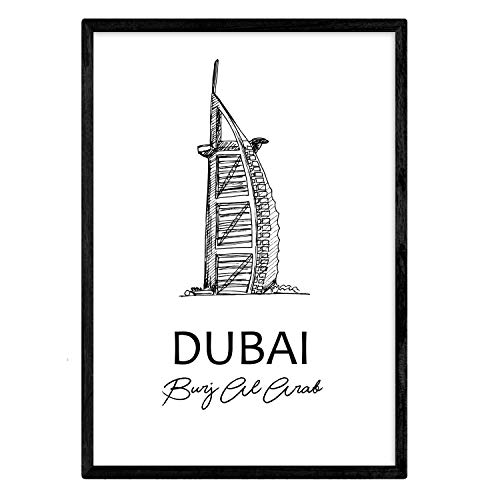 Pack de posters de Dubai -Burj Al Arab. Láminas con monumentos de ciudades. Tamaño A4, con marco