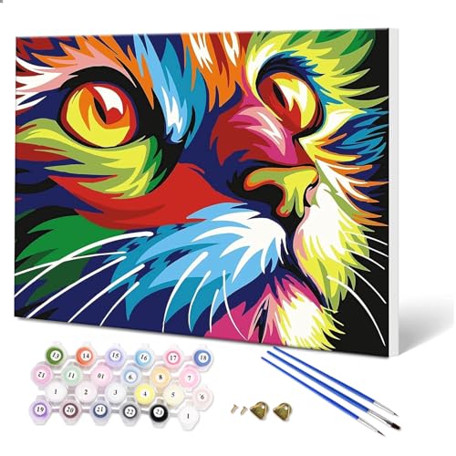 Fuumuui Pintura por números para adultos y niños principiantes pintura con marco incluye pinceles y pinturas acrílicas 40 x 50 cm - Animales, gato colorido