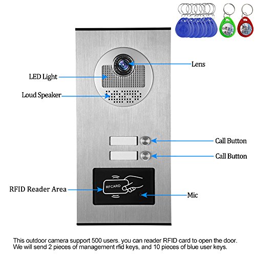 HFeng 7 '' video color puerta de intercomunicación Sistema de teléfono 700TVL RFID Acceso Cámara de entrada con timbre IR Visión nocturna para 2 Apartamentos / Familia / Hogar 100 metros