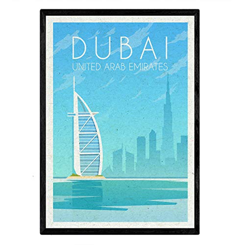 Nacnic Lámina de Dubai. Estilo Vintage. Poster Ciudad en Colores. Anuncio Dubai Tamaño A4 con Marco